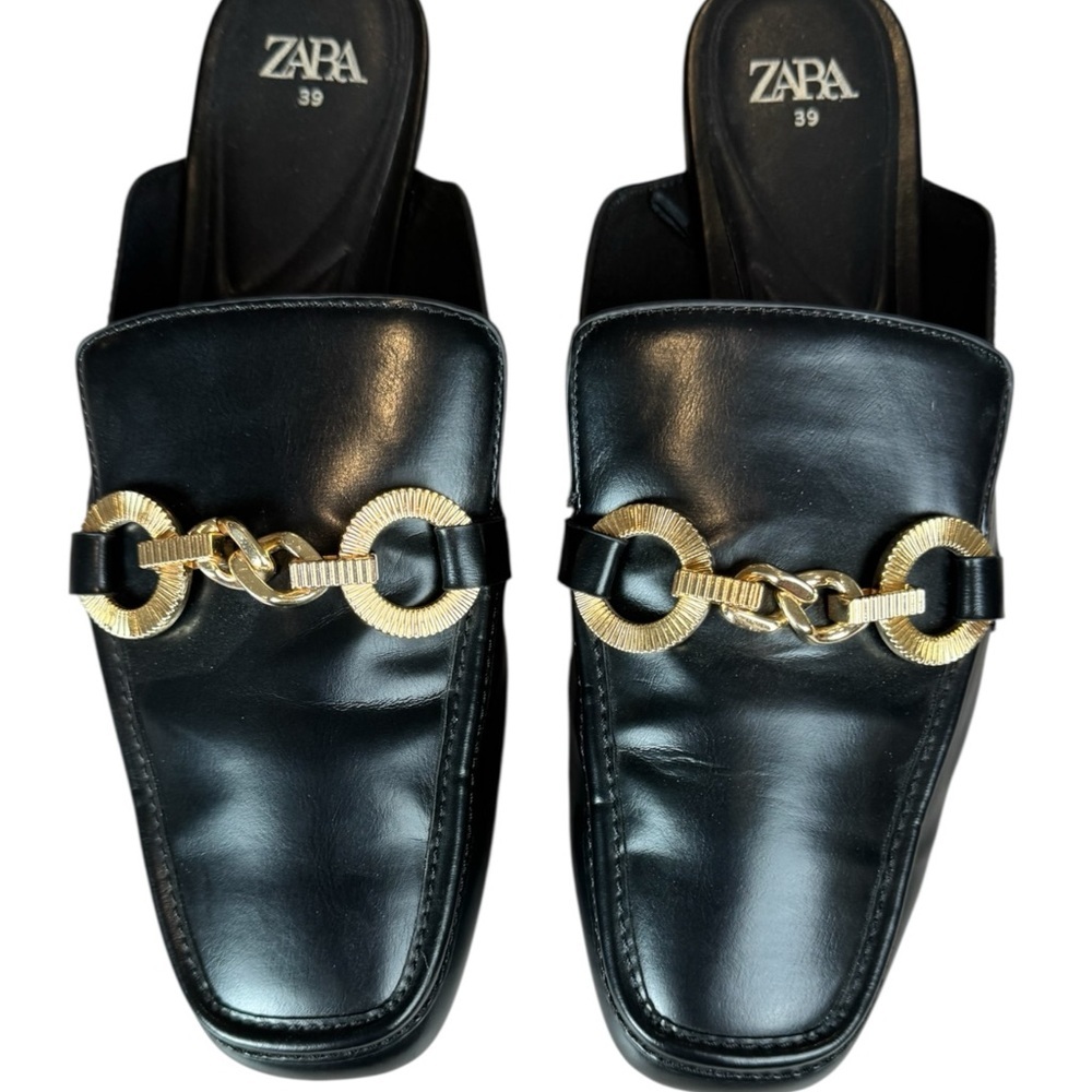 Zara Black Chain Mule Loafers Gold Hardware Square Toe Size 39 US 8.5 EUC - Picture 2 of 8